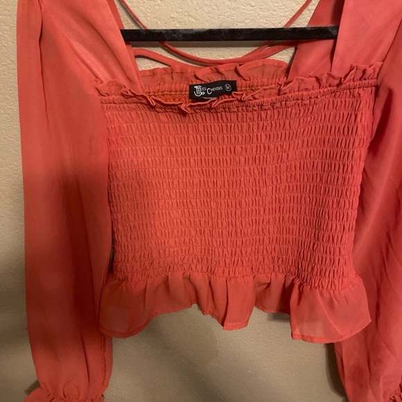 Miss Chevious Stretchy Crop Top semi Sheer Long Sleeve Size M Rust - Picture 3 of 9